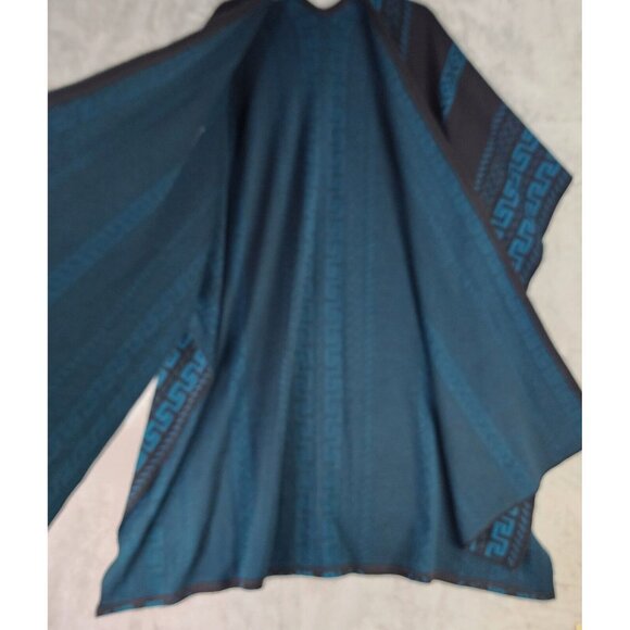 Womens Cape Coat One Size Black Blue Aztec Print Mexican Poncho Coatigan - Picture 3 of 9